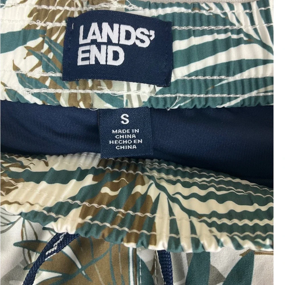 Lands End Mens Green Tropical Palm Leaf Swim Trunks UPF 50 Hydro Liner Small NEW